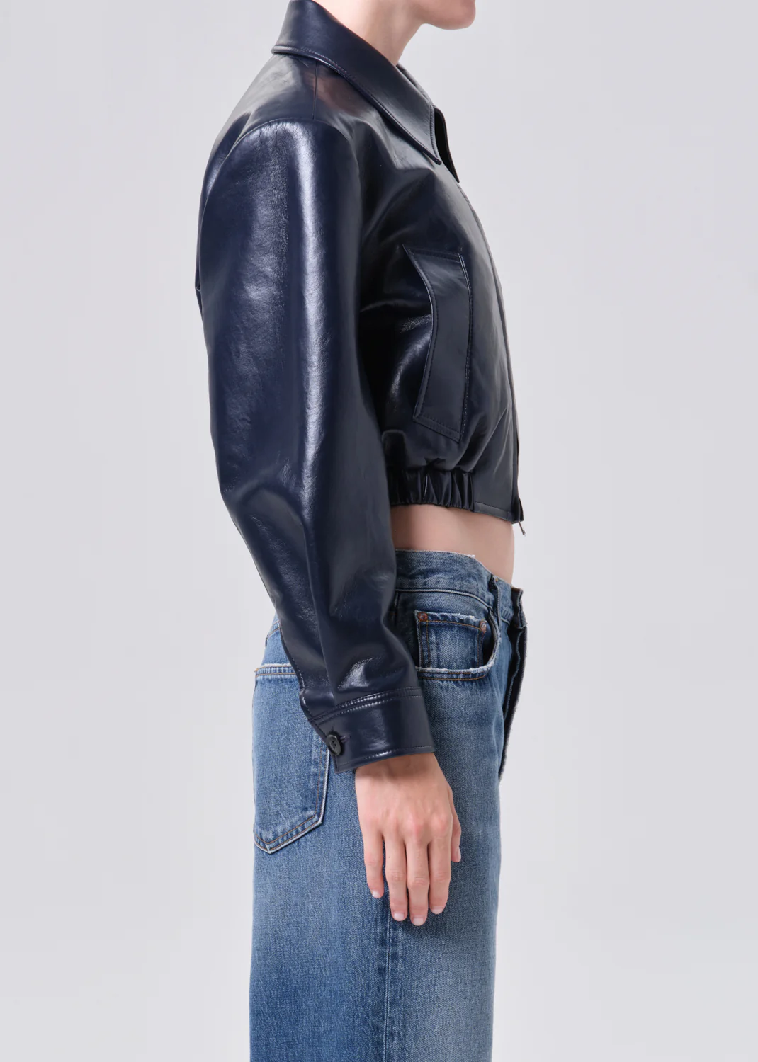 Nahla Cropped Jacket (Recycled Leather) in Navy - Image 3