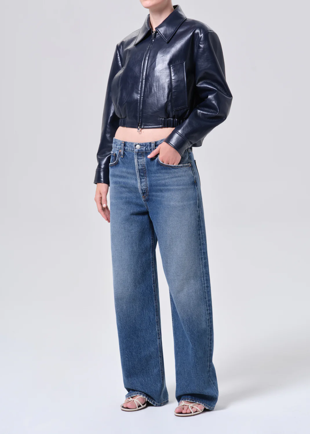 Nahla Cropped Jacket (Recycled Leather) in Navy - Image 4